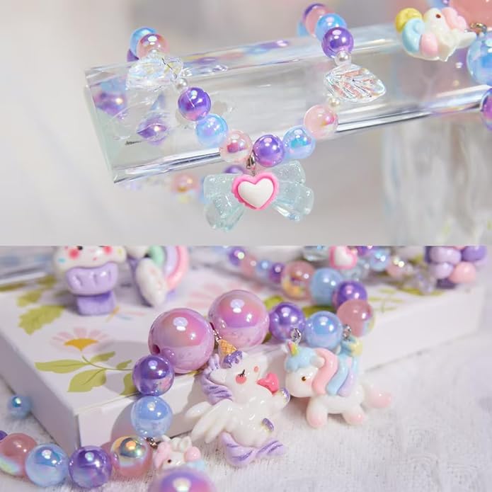 Little Girl Jewelry Sets Kids Jewelry - Unicorn Mermaid Bead Necklaces, Jewel Rings, Dress Rings, Friendship Bracelets with Science Knowledge Cards & Spare Strings - Princess Dress Play Toy for Toddlers 2 3 4 5 6 7 8 - Birthday Party School Gifts
