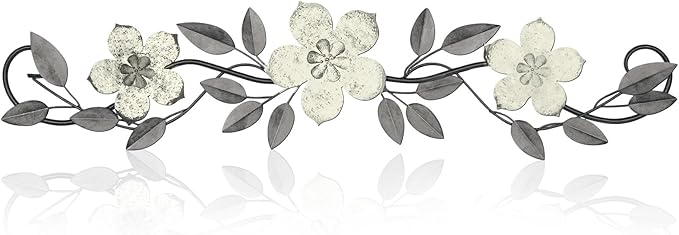 Wesiti Metal Flower Wall Decor Vintage Metal Flower Wrought Iron Scroll Sculpture 15.7''x3.7'' Not 3D, Flat Farmhouse Leaf Wall Decor with Nails for Summer Bedroom Kitchen Indoor Outdoor(White)