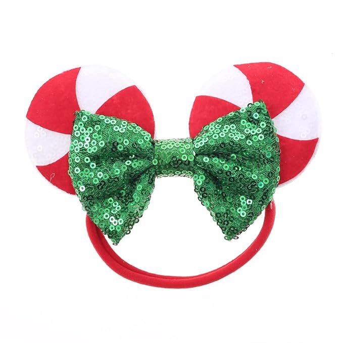 JIAHANG Christmas Mouse Ear Nylon Headband with Sequin Bow and Lollipop Pattern, Red Soft Elastic Hair Bow Hair Band, Party Headwear for Baby Girls