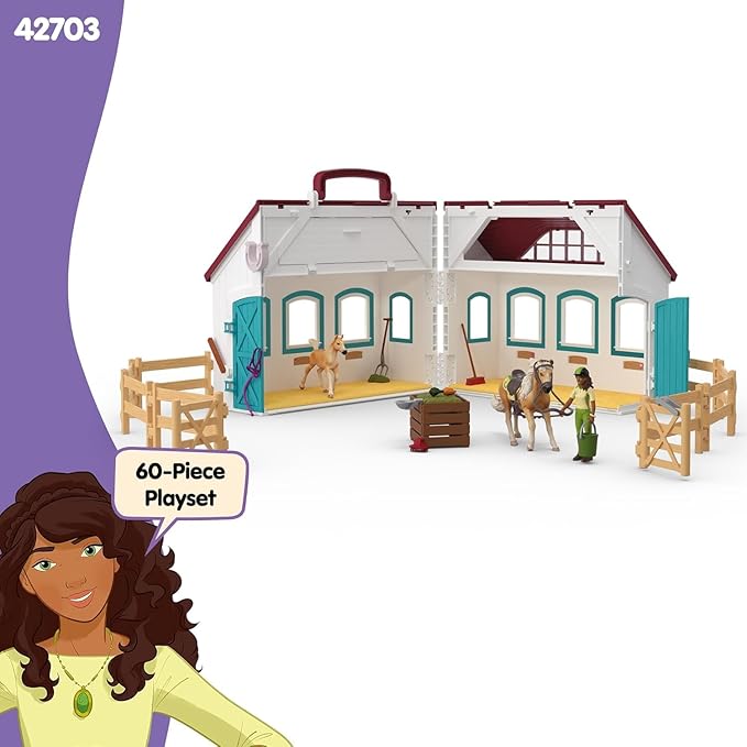 Schleich Horse Club - 60PC Little Horseshoe Open Stable Playset - Easy Carry Set with 2 Horse Figurines, Action Figure, Stable and Accessories - Toy Horses for Girls and Boys - Kids Ages 4+ | 42703