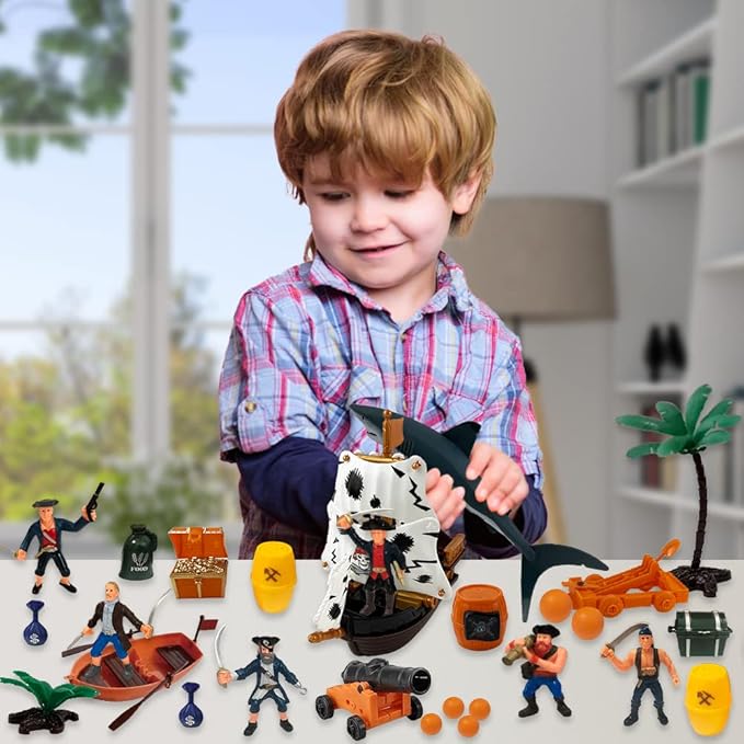 ArtCreativity Pirate Action Figure Playset, Pirate Play Set with Action Figurines, Storage Box, Pirate Ship Toy, Shark, Treasure Chests, & More, Pirate Party Decorations, Cake Toppers, & Gifts