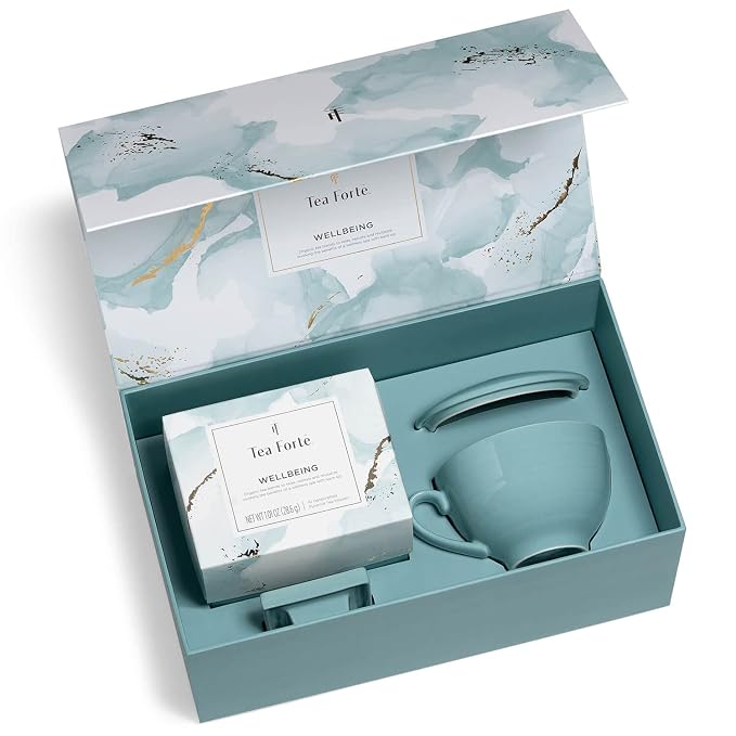 Tea Forte Gift Set with Cafe Cup, Tea Tray, Mini Presentation Box with 10 Handcrafted Pyramid Infuser Tea Bags, Wellbeing Tea