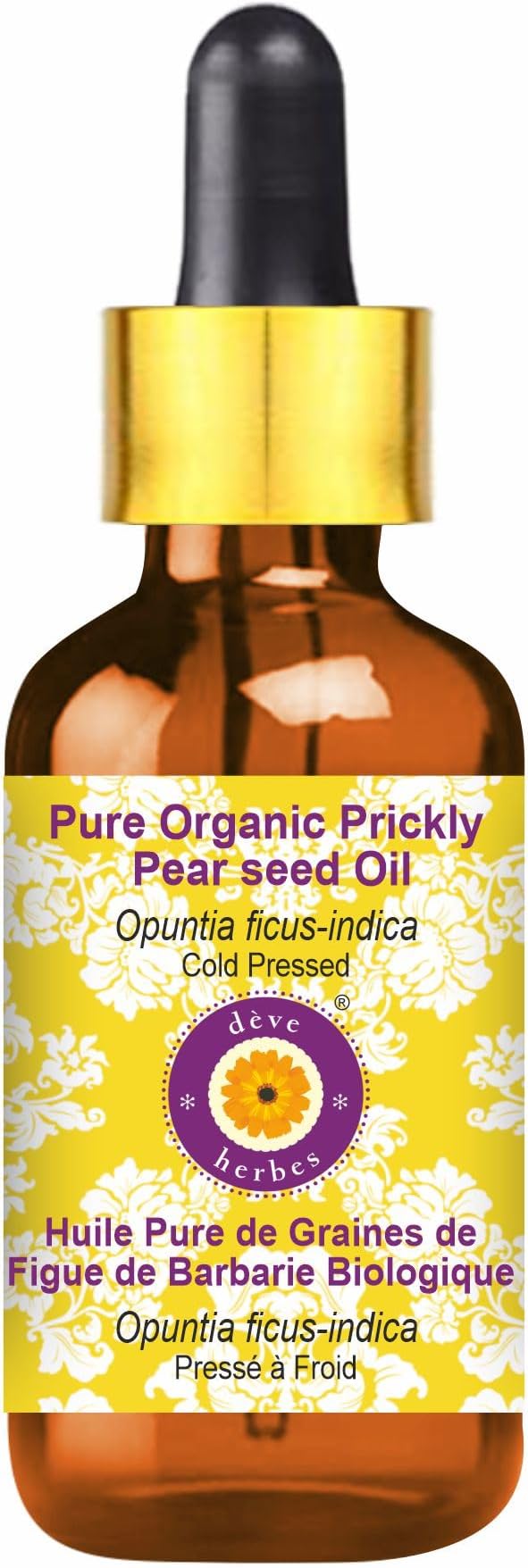 Deve Herbes Pure Organic Prickly Pear Seed Oil (Opuntia ficus-Indica) with Glass Dropper Cold Pressed 30ml (1 oz)