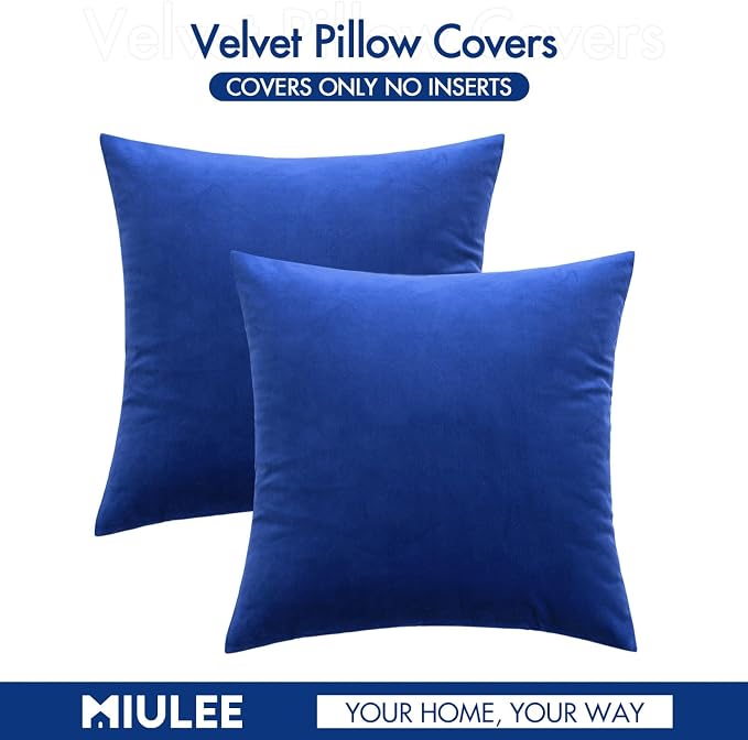 MIULEE Velvet Throw Pillow Covers 20x20 Inch Pack of 2 Royal Blue | Soft Solid Decorative Pillow Covers, Modern Luxury Home Decor, for Couch Chair Sofa Bedroom Livingroom