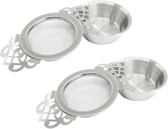 Waziaqoc 2 Pack Tea Fine Mesh Tea Strainers with Bowl, Stainless Steel Loose Leaf Tea Filter for 2.5-4 Inch Cup Mouth, Silver