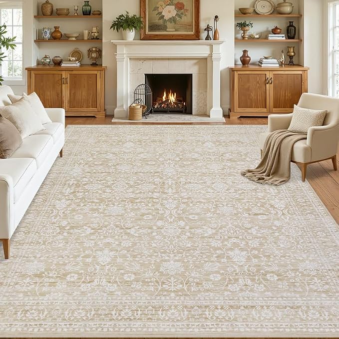 10x14 Area Rug for Living Room: Vintage Boho Neutral Washable Rug Indoor Soft Large Area Rug Carpet for Bedroom Nursery Farmhouse Dining Room Office Floor Non-Slip Low Pile Under Table Natural Beige