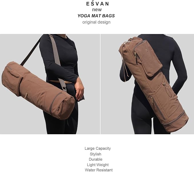 ESVAN Yoga Mat Bag with Multi Pockets Drawstring Yoga Mat Carrier Pilates Exercise Multi-Functional Storage Bag