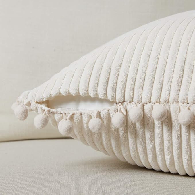 Fancy Homi Pack of 2 Boho Decorative Throw Pillow Covers with Pom-poms, Soft Corduroy Accent Solid Square Cushion Case Set for Couch Sofa Bedroom Car Living Room (16x16 Inch/40x40 cm, Cream)