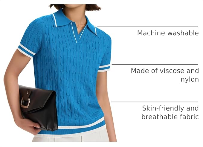 Micoson Womens Short Sleeve Sweater Tops Lapel V Neck Polo Shirts 2026 | Summer Cable Knit Loose Blouses, Business Casual Outfits