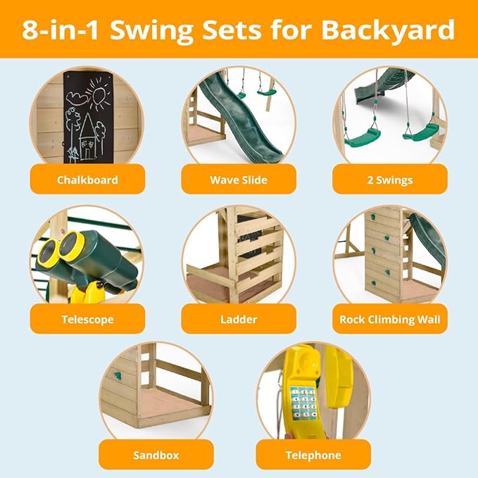 Plum Wooden Swing Sets for Backyard with Slide, Toddler Playground Playsets, Kids Outdoor Play Equipment, 2 Swings, Rock Climbing Wall, Telephone, Blackboard, Telescope, Sturdy, Weatherproof, Age 3+