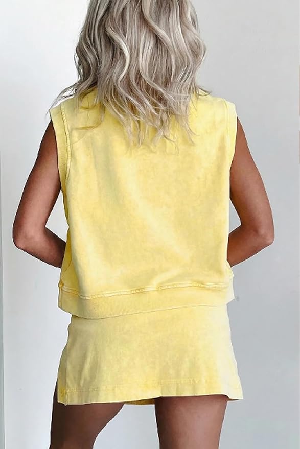 Women 2pc Mineral Wash Athletic Lounge Tank Skirt Set | Soft mineral wash cotton,Breathable.Relaxed lined split skirt.Ideal for travel,lounge,gym,workout casual daily wear