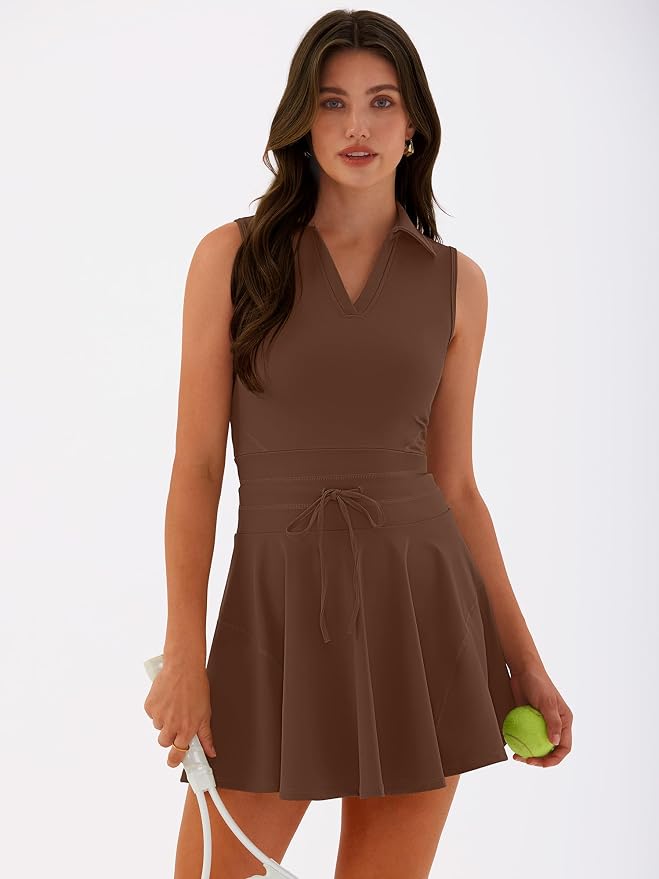 Caracilia Women's 2 Piece Tennis Dress Set-Polo Neck Sleeveless Mini Dresses with Shorts,Golf Casual Workout Athletic Sports