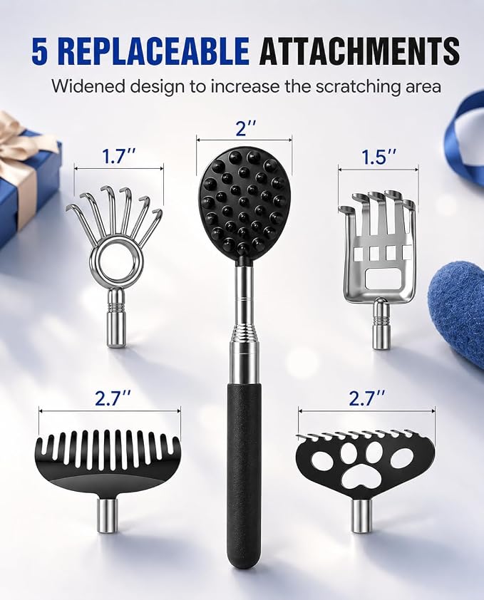 Gelibo Telescoping Large Back Scratcher with 5 Detachable Heads, Extendable Back Massager Tool, Fathers Day Gift for Him, Dad, Gifts for Men with Beautiful Box