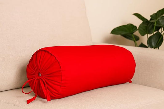 Cervical Neck Roll Pillow Cover with Cotton Bolster Pillowcases for Cylindrical Cushion and Drawstring Closure Round Neck Pillowcase 6" x 18" (15 x 45 cm) Red