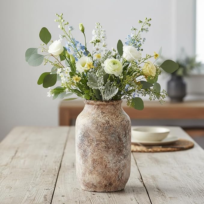 Rustic Terracotta Vase, Farmhouse Ceramic Vase, Decorative Clay Vintage Vases for Home Decor, Living Room,Table, Shelf Decor, 9 inch, Brown