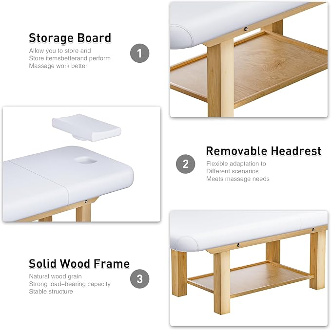 Heavy Duty Frame Professional Massage Table with Adjustable Backrest & Height Legs & Face Pillow, PU Leather, for Treatment, Physical Therapy, Spa Facial Professional Massage (Wood, White)