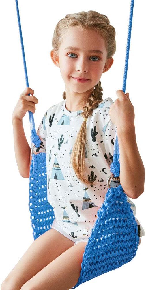 Hand-Knitting Kids Swing, Indoor Outdoor Portable Tree Swing Seat,Adjustable Ropes, with Hanging Strap and Snap Hook for Camping Hiking Backyard Playset and Playroom, Easy Install(Blue)