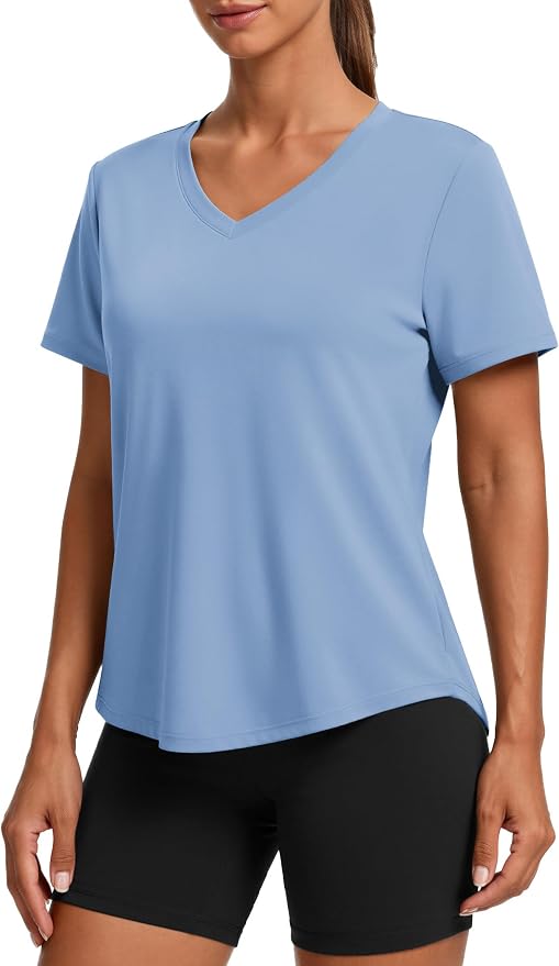 PINSPARK Soft Workout Tops for Women Short Sleeve V Neck Moisture Wicking UPF 50+ Sun Protection Quick Dry Gym Shirts