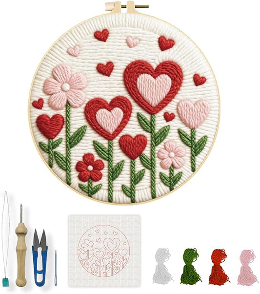 INFUNLY Heart Flower Punch Needle Embroidery Kit 8.7" DIY Punch Embroidery Kit for Adults Valentine Flower Needlepoint Set Romance Needles Stitching Kits with Instruction for Lover DIY Craft Gift