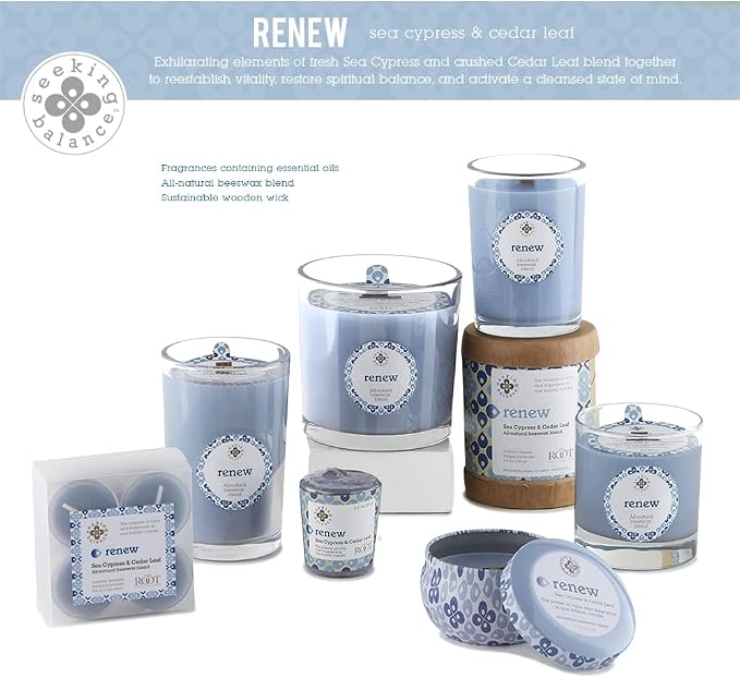 Root Candles Seeking Balance Wood Wick Spa Candle Aromatherapy Candles, 12-Ounce, Renew: Sea Cypress & Cedar Leaf