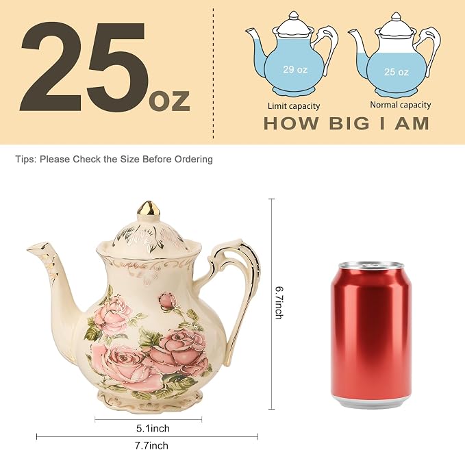 YOLIFE Small Pink Rose Teapot, 25 OZ/ 3 Cup Vintage Ivory Porcelain Tea Pot, Floral Teapot with Gold Trim, Gifts for Women