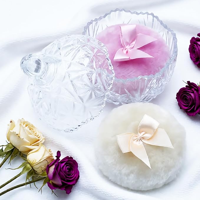 4" Glass Dusting Powder Container with 2 Fluffy Puffs,Cute 3.5" Soft Body Powder Puff and Jar Set(Crown-clear)
