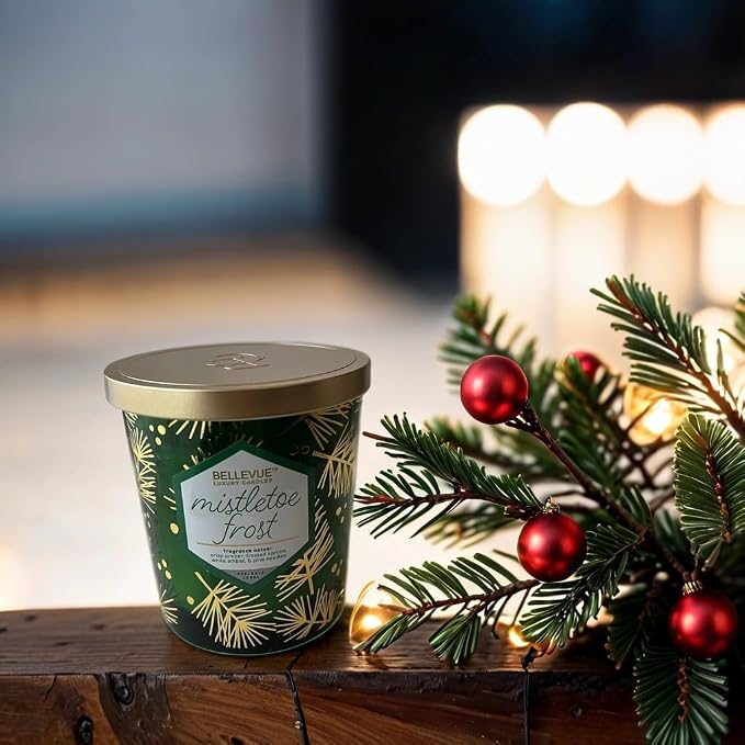 Bellevue Luxury Candles, 12 OZ Fragranced Candle, Soy Blend Wax, Essential Oils, Long-Lasting Burn, Home Fragrances, Aromatherapy Home Scented Candles Scent Mistletoe Frost Pack of 2