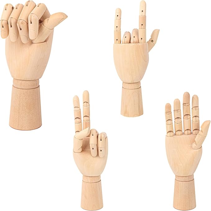 IHDYPPEW 4 Pack 7 Inch Wooden Hand Model, Flexible Left and Right Wood Art Mannequin Wooden Artist Hand Model, Wooden Manikin Hand for Sketching, Painting, Sample Display and Home Decor