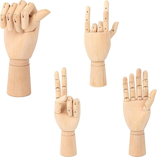 IHDYPPEW 4 Pack 7 Inch Wooden Hand Model, Flexible Left and Right Wood Art Mannequin Wooden Artist Hand Model, Wooden Manikin Hand for Sketching, Painting, Sample Display and Home Decor