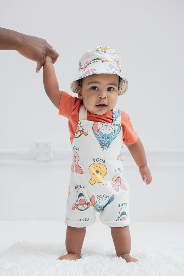 Disney Winnie the Pooh Baby Short Overalls, T-Shirt & Hat 3 Piece Outfit Set Newborn to Infant Sizes (0-24 Months)
