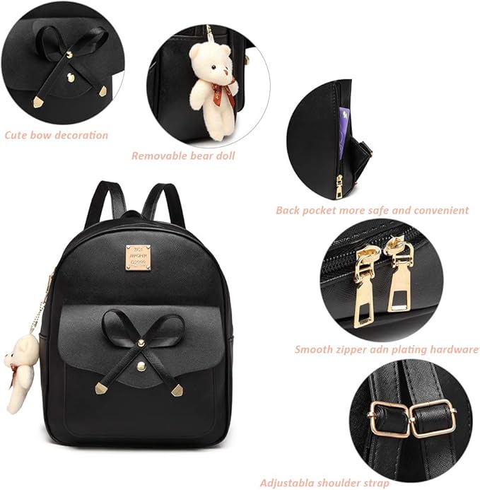 MACCINELO Cute Leather Mini Backpack Purse for Women Bowknot Small Backpack for Girls gift Rucksack Ladies Shoulder Bag 3pcs