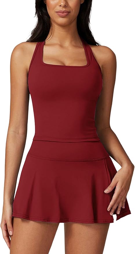 ABOCIW 2 Piece Tennis Dresses for Women Side Slit Mini Skirt Set Racerback Workout Crop Tank Top Golf Outfits