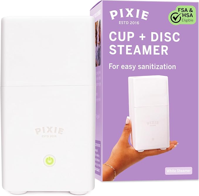 Pixie Menstrual Cup Steam Cleaner - Wash Your Cup + Kill 99.9% of Germs with Cleanser Steam for Feminine Care - 3 Minutes and Your Period Cup is Sterile! Automatic Shut Off - FSA Eligible (White)