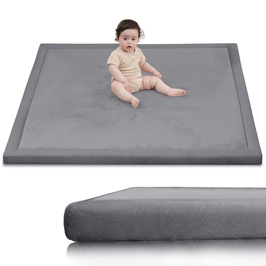Huloo Sleep Ultra Soft Baby Play Mat for Floor, 1.3" Thick Elasti-Foam 59x59 Play Mat for Playpen,Water-Repellent Coral Velvet for Tummy Time, Non-Slip Backing,Safe for Toddlers & Infants(Dark Grey)