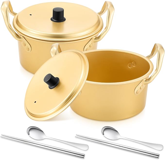 Tioncy Korean Ramen Pot Set of 2 with Lid, Aluminum Ramen Noodle Cooking Pot, Fast Heating with Spoon & Chopsticks, 6 inches/ 16 cm noodle Cooker for Soup, Pasta, Camping, Dorm Cooking, Couple Dinner