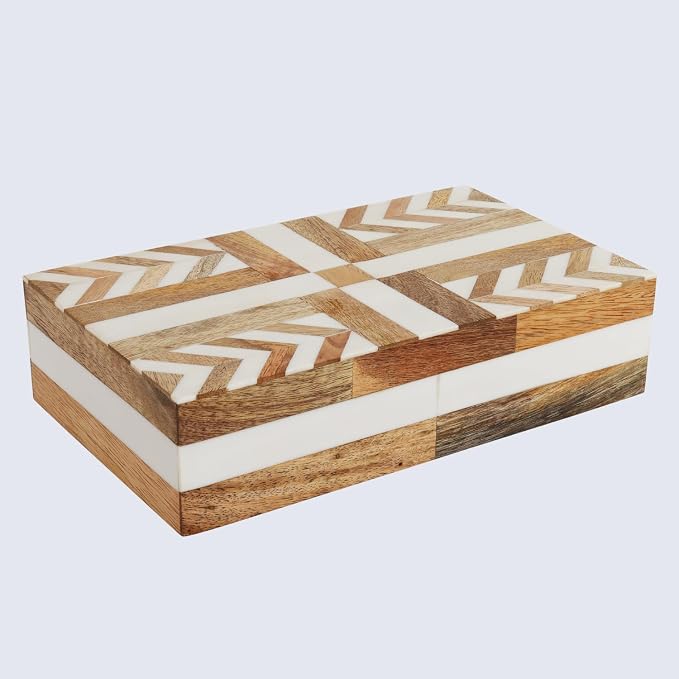 Handicrafts Home White Decorative Storage Box with Lid Wooden Storage Organizer Box Multi Purpose Storage Box for Coffee Table Desk Shelf Decor – Resin Inlay Patisserie Adorn Collection- 10x6x2.5