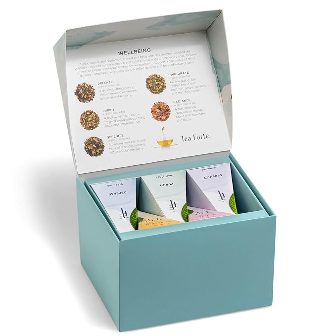Tea Forte Gift Set with Cafe Cup, Tea Tray, Mini Presentation Box with 10 Handcrafted Pyramid Infuser Tea Bags, Wellbeing Tea