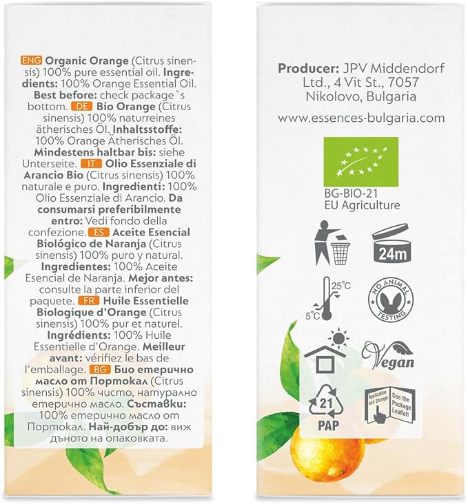 Essences Bulgaria Organic Orange Essential Oil 0.51 Fl Oz 15ml Citrus sinensis - 100% Pure and Natural Undiluted Therapeutic Grade Home Aromatherapy Humidifier Vegan Cosmetic Skincare Candles