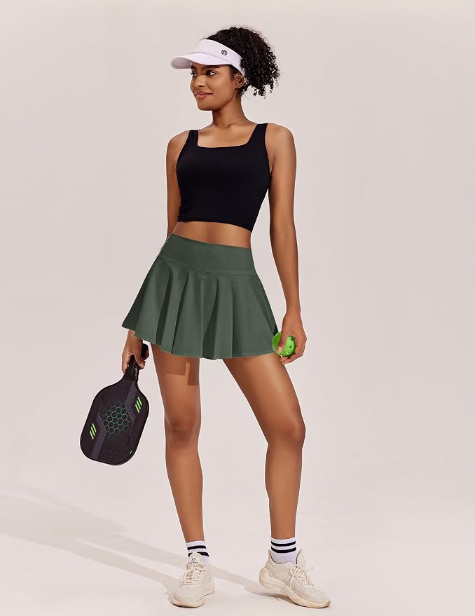 PINSPARK Womens Tennis Skirt 14" Pleated Athletic Golf Skorts with Pockets | High Waist, Tummy Control, Mini, Breathable, Lightweight, Soft, Built in Shorts, Pickleball, Casual