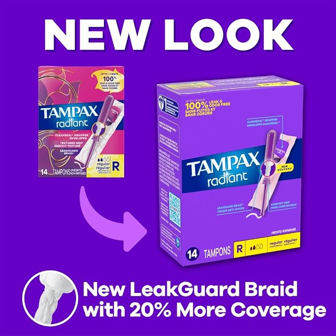 Tampax Radiant Tampons for Women Multipack,with LeakGuard Braid,Regular/Super Absorbency,Unscented,84 Count (Pack of 2)