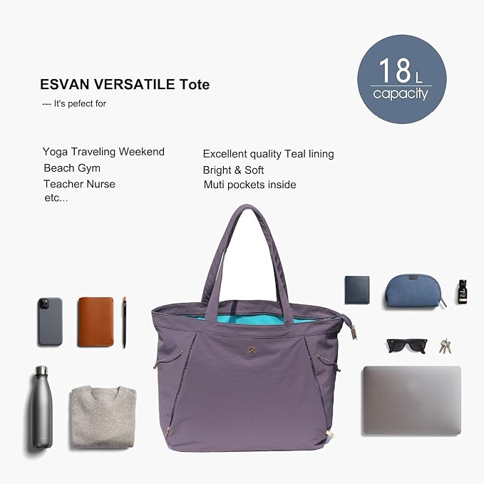 ESVAN Yoga Tote Bag for Women Shoulder Bags Drawstring for Office Workout Travel Carryall Pilates Gym and Beach