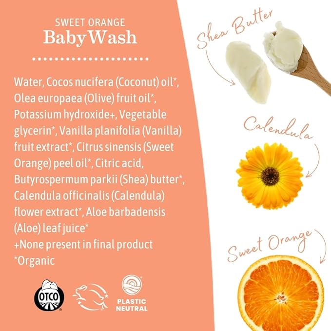 Earth Mama Sweet Orange Baby Wash Liquid Hand Soap Refill, Body Wash for Sensitive Skin, All Purpose Castile Soap Liquid with Coconut Oil, Shea Butter, Calendula & Aloe, 34 fl oz