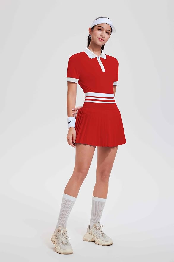 Tennis Skirt Sets for Women Zipper Color Block High Waisted Golf Polo Two Piece Skirt Set Women 2 Piece Outfits