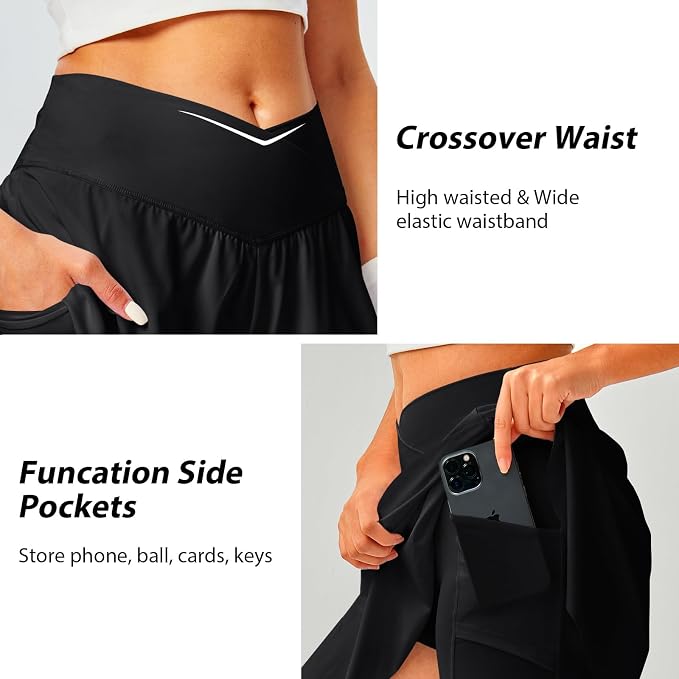 Womens Tennis Skirt Crossover High Waisted Skort with Pockets Shorts | Athletic Skirts for Golf Running Workout Pickleball, Aesthetic Activewear, Sporty Athleisure Style