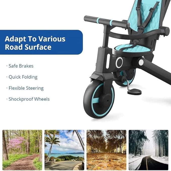 Trixplorer 7-in-1 Tricycle for Toddlers, Removable Push Handle, 360° Rotating Seat, Adjustable Canopy, Safety Harness, Storage, Basket, Folding Toddler Tricycle for 1-5 Year Old (Sky/Blue)