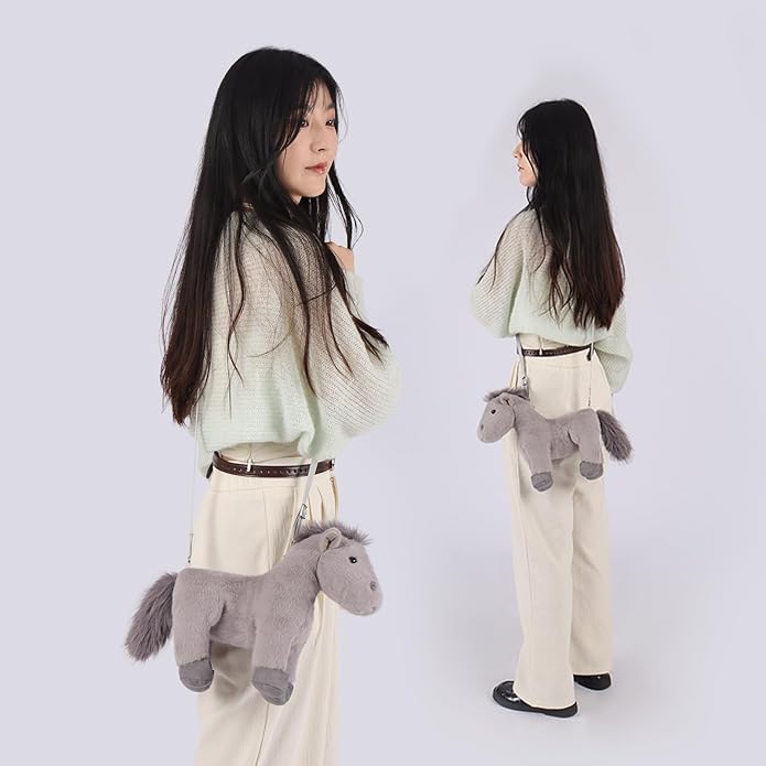 Apricot Lamb Pony Horse Shaped Crossbody Plush Purse, Stuffed Animal Shoulder Bag, Kids Fashion Handbags, 11.9 Inches