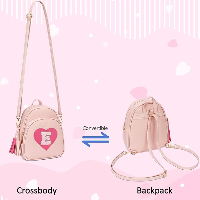 Valentines Day Gifts for Kids Gifts for Girls Little Girl Initial Mini Heart Backpack Purse Crossbody Bag with Tassel，Pink-E