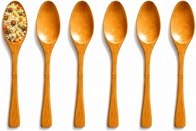 JapanBargain 4109x6, Long Bamboo Wood Soup Spoons, Eco Friendly Dinner Spoons, Korean Japanese Style Kitchen Utensil for Snacks, Fruit, Ice Cream, Yogurt, Cereal, 8.25-inch, Set of 6