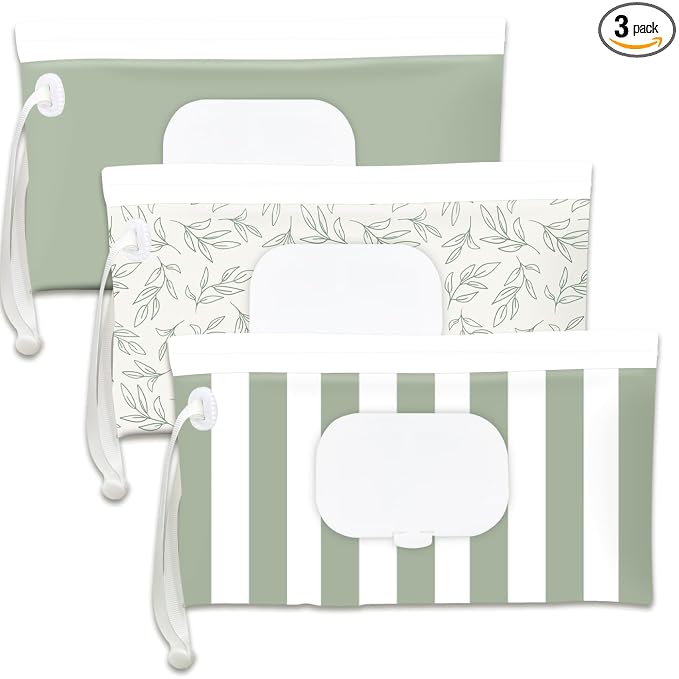 Baby Wipe Holder,Wipe Dispenser, 3-Pack Portable Refillable Wipe Container,Reusable Travel Baby Wipes Case, Waterproof and Dustproof, Wipe Holder for Diaper (Green)