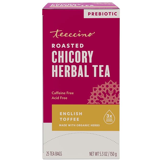 Teeccino English Toffee Herbal Tea - 25 Tea Bags - Rich & Roasted Herbal Tea That’s Caffeine Free & Prebiotic For Natural Energy & Good Digestion, 3 X More Herbs In Each Tea Bag